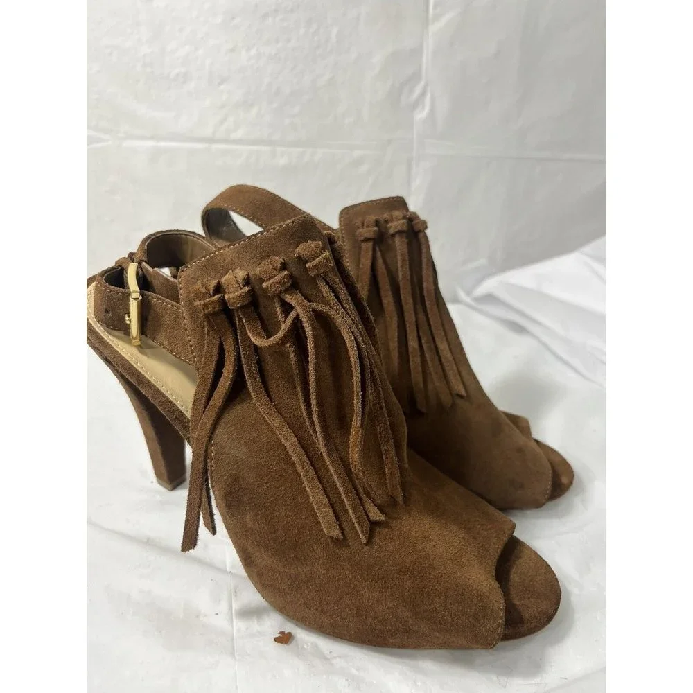 Michael Kors Brown Suede Fringe Peep-Toe Slingback Heels